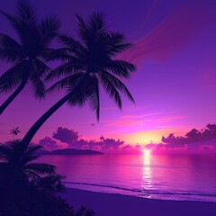 Fototapeta na wymiar Purple sunset with palm trees on the beach