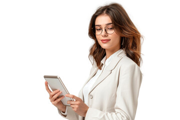 Studio portrait company worker beautiful young Caucasian woman with an attractive smile wearing casual outfits and holding digital tablet, isolated on transparent png background.