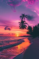 Sunset over tropical beach with palm trees