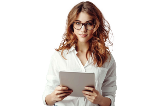 Studio portrait company worker beautiful young Caucasian woman with an attractive smile wearing casual outfits and holding digital tablet, isolated on transparent png background.