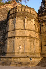 24 February 2024, Exterior View of the scenic tourist landmark Maheshwar fort (Ahilya Devi Fort ) in Madhaya pradesh, India, Beautiful sculptures Carving details on the outer wall.