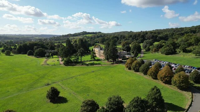 Drone shot of Ashton Court Estate Park and garden on a sunny day in Bristol, England, UK
