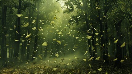 A dynamic forest with leaves in motion on a windy day