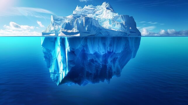 A gigantic iceberg of surreal proportions floating in the middle of the ocean, creating a stunning contrast between the icy structure and the surrounding water.