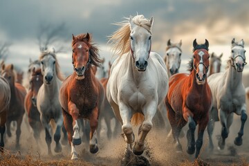 Horses galloping across the steppe, a herd of wild horses - obrazy, fototapety, plakaty
