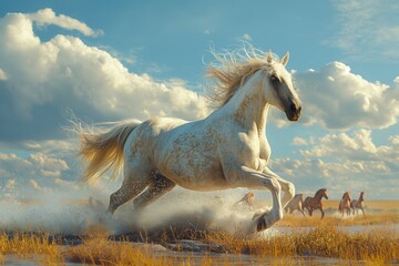 Horses galloping across the steppe, a herd of wild horses - obrazy, fototapety, plakaty