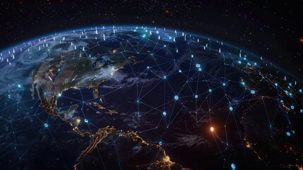 Internet social network icons on planet Earth with a network of bright lights concentrated in the center, resembling a digital network or internet connection. The lights symbolize connectivity and