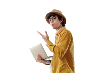 Studio portrait company worker smart young Caucasian man with chill style and serious face wearing casual outfits and holding laptop, isolated on transparent png background.