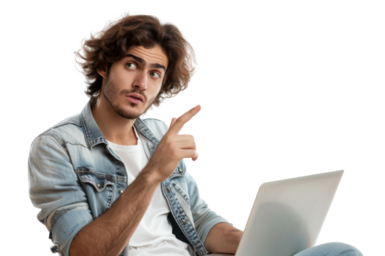 Studio portrait company worker smart young Caucasian man with chill style and serious face wearing casual outfits and holding laptop, isolated on transparent png background.