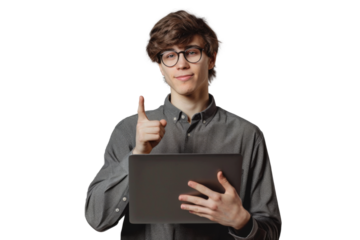 Studio portrait company worker smart young Caucasian man with chill style and serious face wearing casual outfits and holding laptop, isolated on transparent png background.