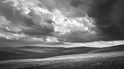 A grayscale landscape with rolling hills and dramatic clouds, capturing the beauty of nature