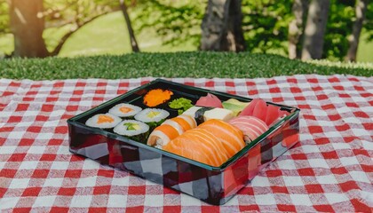 A colorful bento box filled with assorted sushi, placed on a checkered picnic blanket