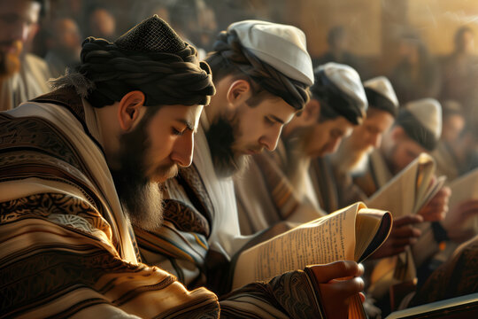 Tallit clad Jewish worshipers praying in an orthodox synagogue AI Generation