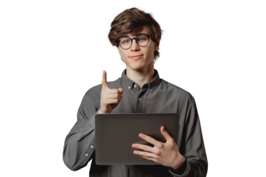 Studio portrait company worker smart young Caucasian man with chill style and serious face wearing casual outfits and holding laptop, isolated on transparent png background.