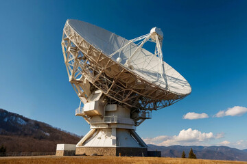 Large space antenna, radio telescope, observatory in the mountains against the blue sky