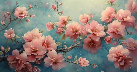 A canvas alive with the delicate beauty of cherry blossoms their pink petals immortalized in rich oil paints - obrazy, fototapety, plakaty