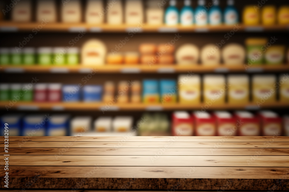 Poster tabletop view on modern product display in grocery or department store with wooden table and blurred