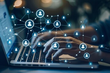 Obraz premium Digital marketing and social media network concept with icons of people, laptop computer and web connection in circle on background Generative AI