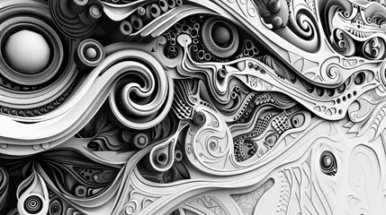 A monochromatic abstract design with intricate patterns and details