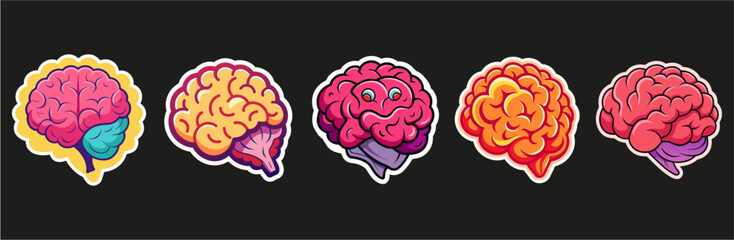 Brain cartoon character sticker set, illustration of a background, brain emoji isolated on black background.