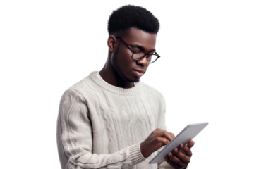 Studio portrait company business worker smart young African American man with serious face holding tablet, isolated on transparent png background.