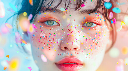 Colorful Confetti Rain on Youthful Face with Vivid Makeup