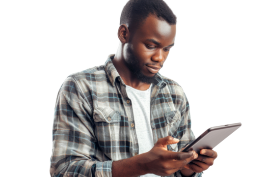 Studio portrait company business worker smart young African American man with serious face holding tablet, isolated on transparent png background.