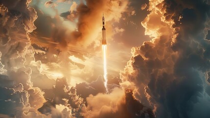 A rocket is seen launching into the sky, leaving a trail of smoke behind it, with fluffy clouds in the background.