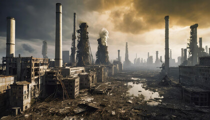 Dystopian cityscapes. Global warming. Industrial area with smoke in the air.