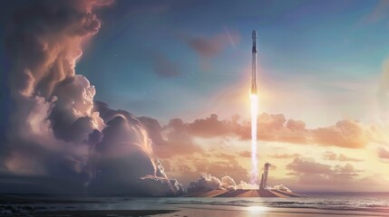 An artists rendering of a rocket blasting off into the sky, leaving a trail of fire and smoke behind as it propels upwards into space. - obrazy, fototapety, plakaty