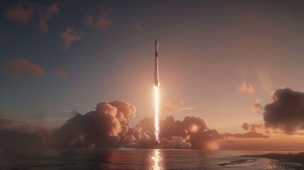 A rocket takes off into the sky, with billowing clouds in the background. The powerful engine propels the rocket upwards on its journey into space.