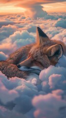 A fox curled up asleep on a cloud its fur blending into the pastel twilight a peaceful end to a day in paradise