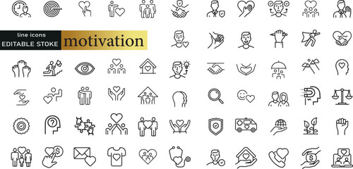 Set of positive thinking icon. Containing self-care, optimism, be loved, healthy lifestyle, happiness, positive mindset and more icons. Solid icon collection. Vector illustration