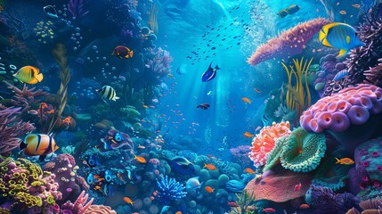 Colorful and vibrant underwater scene with marine life