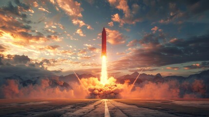 A red rocket is launching into the sky, leaving a trail of smoke behind. The clouds in the background add contrast to the powerful ascent of the rocket.