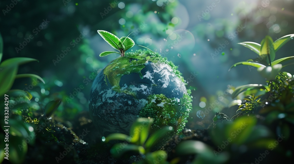 Poster digital rendering of a green earth with renewable energy sources as symbols of resilience, fortifyin