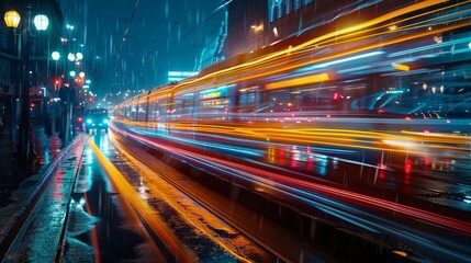 Fototapeta na wymiar Streaks of light on a tram gliding through rainy night streets