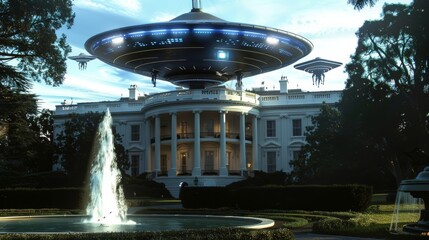 Large UFO above White House building with a fountain in front of it, located in Washington, DC, USA. The architecture is grand and imposing, with a stately presence. - Powered by Adobe