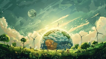 Digital painting of a green earth with renewable energy sources as symbols of unity, bringing people together for a common cause © KerXing