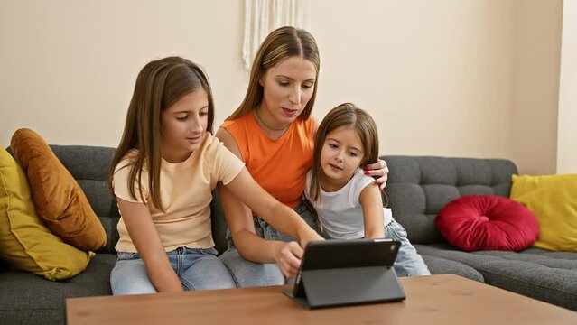 A young woman and two girls engage with a tablet on a sofa in a cozy living room, depicting a family moment at home.