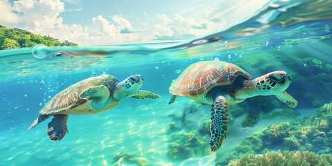 Obraz premium Sea Turtles Swimming Near Coral Reef Under Clear Water