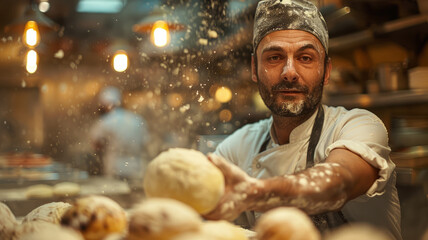 A male baker kneading dough in a bakery