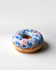 Glazed donut, creative aesthetic romantic pattern dessert, Delft blue pottery.