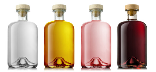 Set of a glass bottle with different color liquids. Isolated on a white background. Gin, vodka, rum, liqueur, whisky.