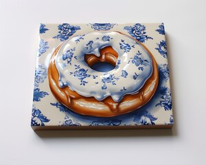 Glazed donut ceramic tile, traditional Delft blue pottery.