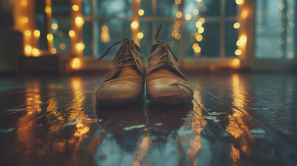 Pair of brown leather shoes on floor - obrazy, fototapety, plakaty