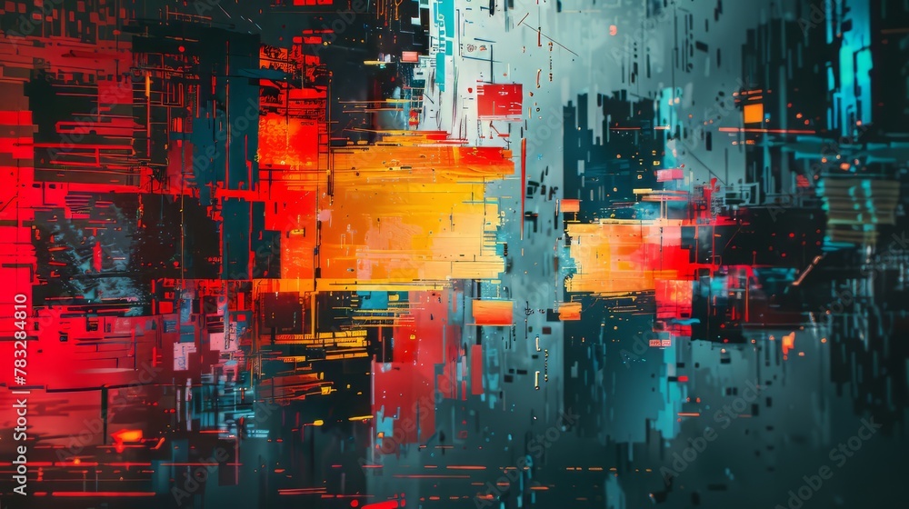 Poster glitch art 3d render with fragmented surfaces and glitchy textures