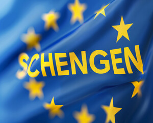 European Schengen Flag Waving, Concept of Continental Unity, Blue with Yellow Stars
