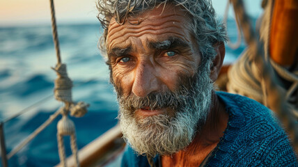 Elderly bearded sailor on a boat - obrazy, fototapety, plakaty