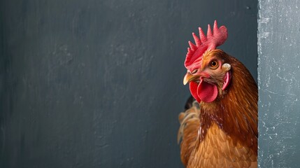 A rooster with a red comb standing next to the wall, AI - obrazy, fototapety, plakaty